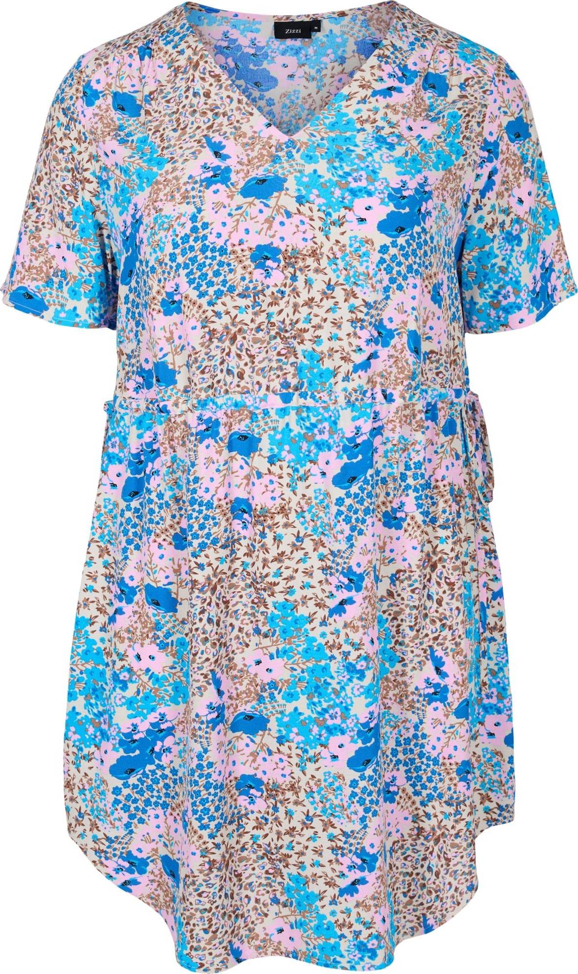 Zizzi Šaty 'XBLOOM' modrá / pink / hnědá / krémová