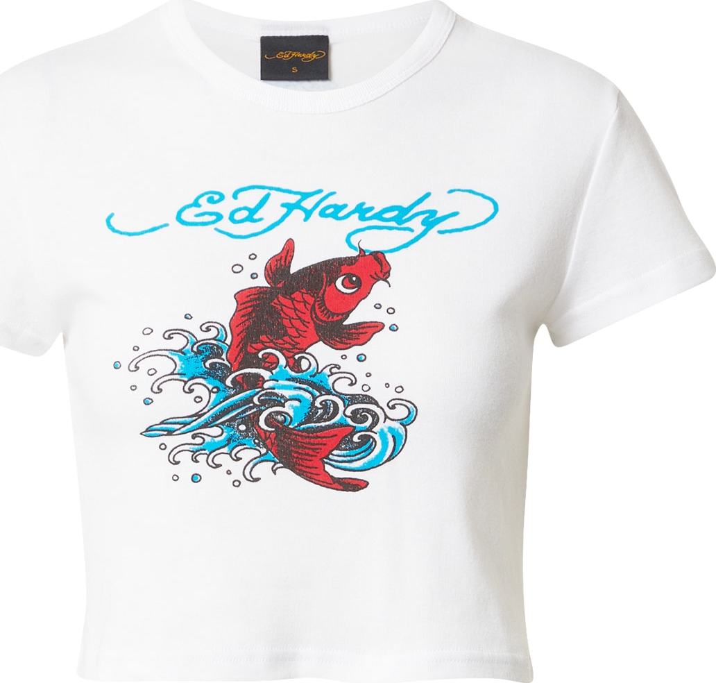 Ed Hardy Tričko ' 'KOI' bílá / azurová / černá / červená