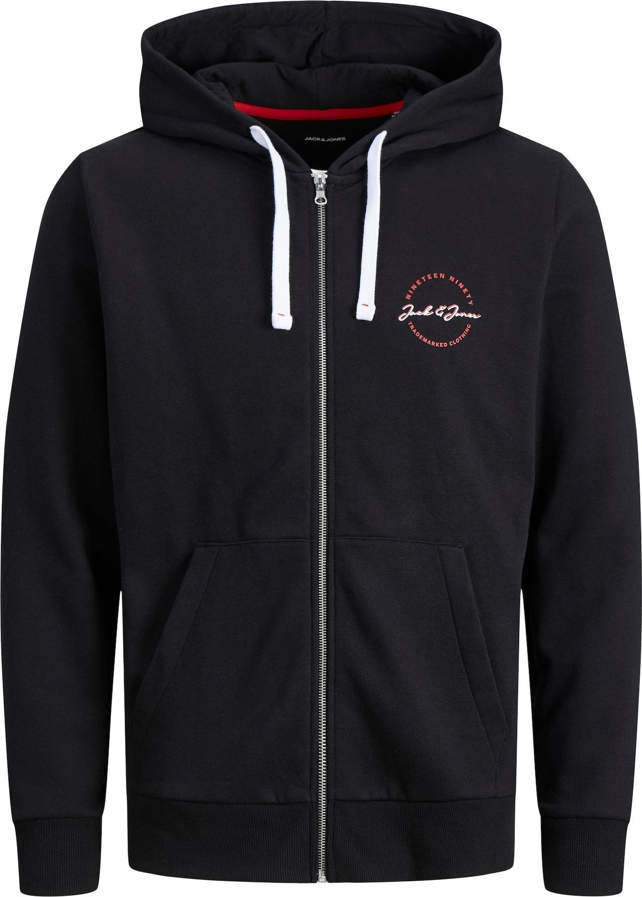 JACK & JONES Mikina s kapucí 'STAMP' černá / bílá / červená