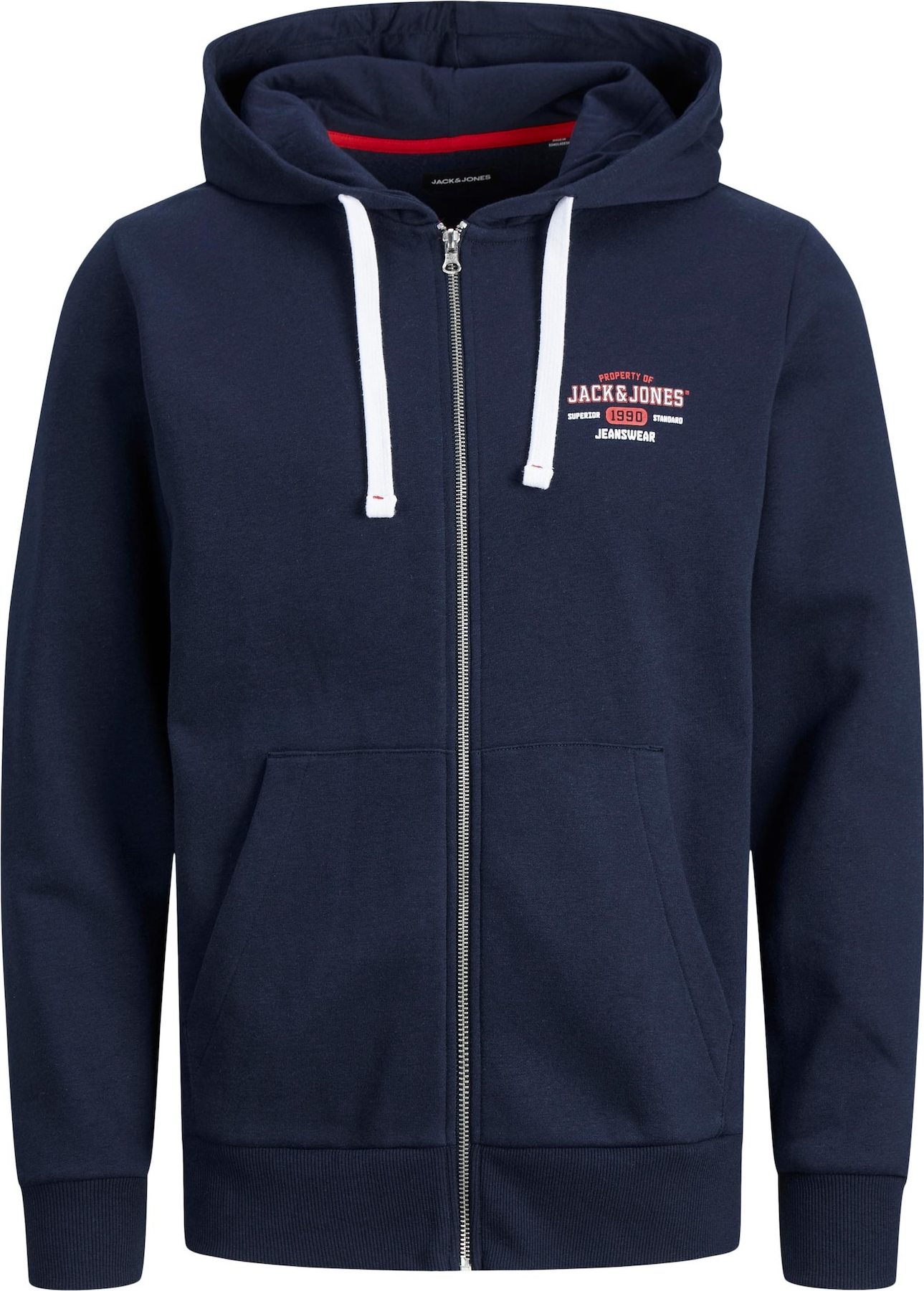 JACK & JONES Mikina s kapucí 'STAMP' námořnická modř / bílá / červená