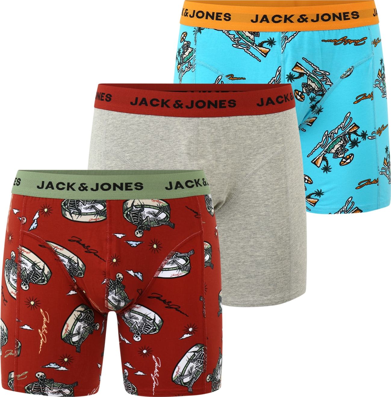 Jack & Jones Plus Boxerky 'JAXON' tyrkysová / šedý melír / červená třešeň / bílá