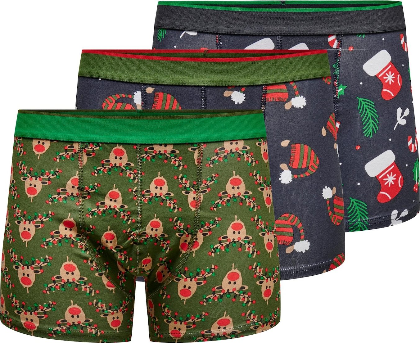 Only & Sons Boxerky 'X-MAS' námořnická modř / trávově zelená / červená / bílá