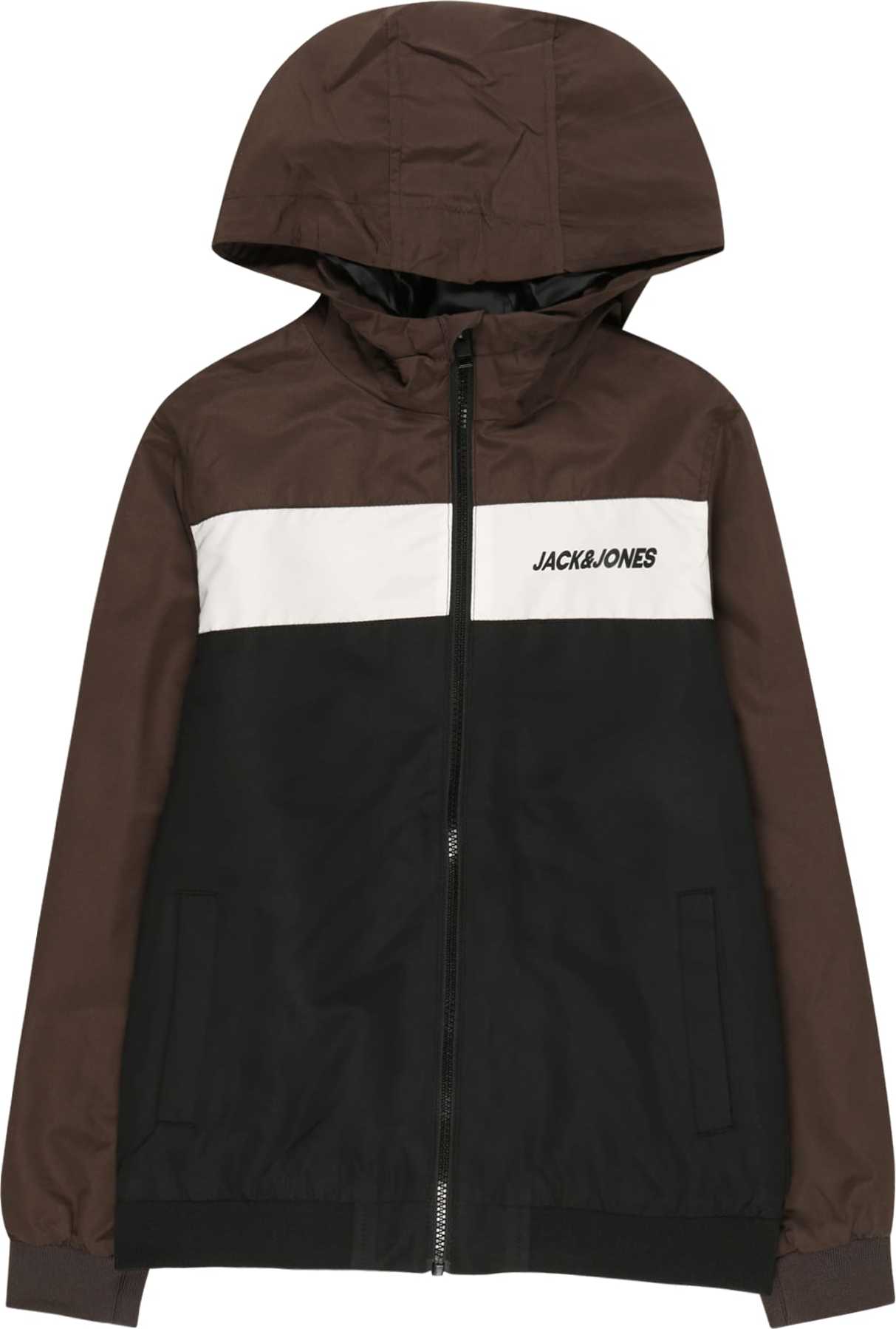 Jack & Jones Junior Přechodná bunda 'RUSH' čokoládová / černá / bílá