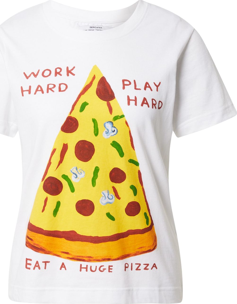 DEDICATED. Tričko 'Mysen Work Hard Pizza' žlutá / zelená / jasně oranžová / tmavě červená / bílá