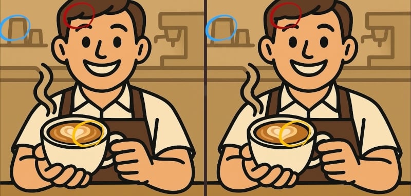 Løsning på barista-puslespillet Løsning på puslespillet med de tre forskelle markeret med ringe